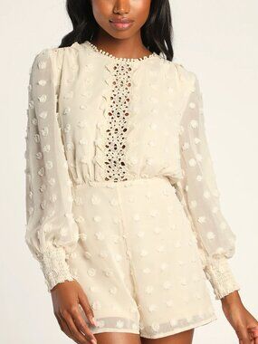 Lulus Lust or Love Ivory Lace Clip Dot Long Sleeve Romper Size L